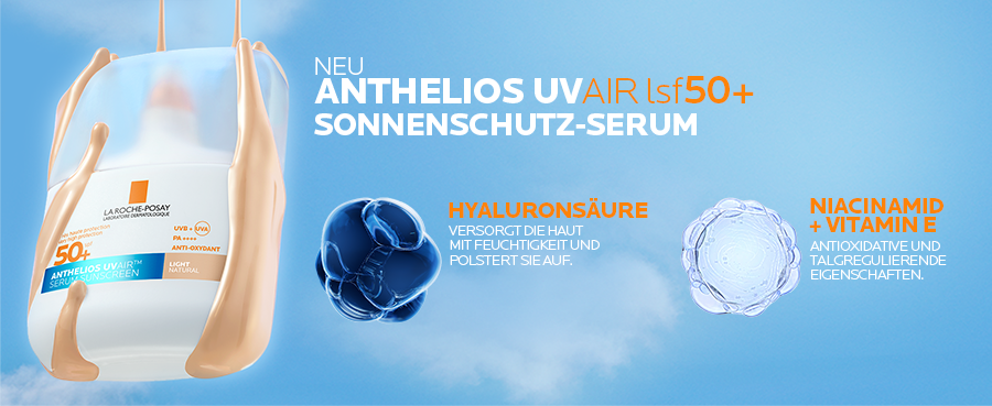 La Roche Posay Anthelios UV Air Serum Getönt (Hell) LSF 50+. Icons: Dermatologen-Empfehlung, für empfindliche Haut, UV-Schutz, brennt nicht in Augen.